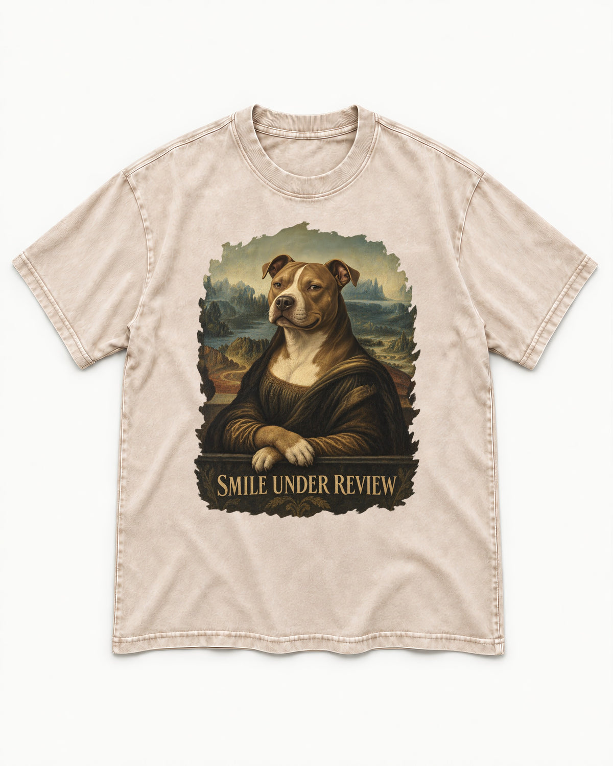 Pitbull Smile Under Review Renaissance Portrait Graphic Washed Tee in Apricot, flat lay product photo