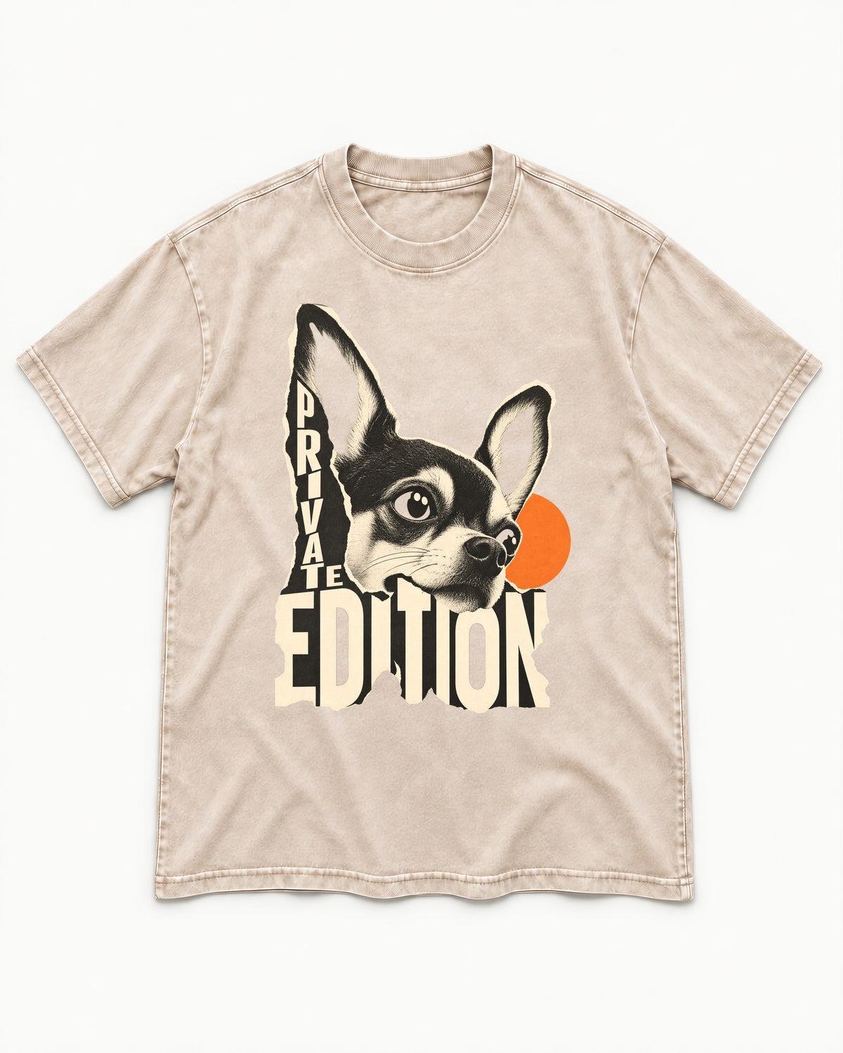 Chihuahua Private Edition Cut-Paper Portrait Washed Tee in Apricot, flat lay product photo