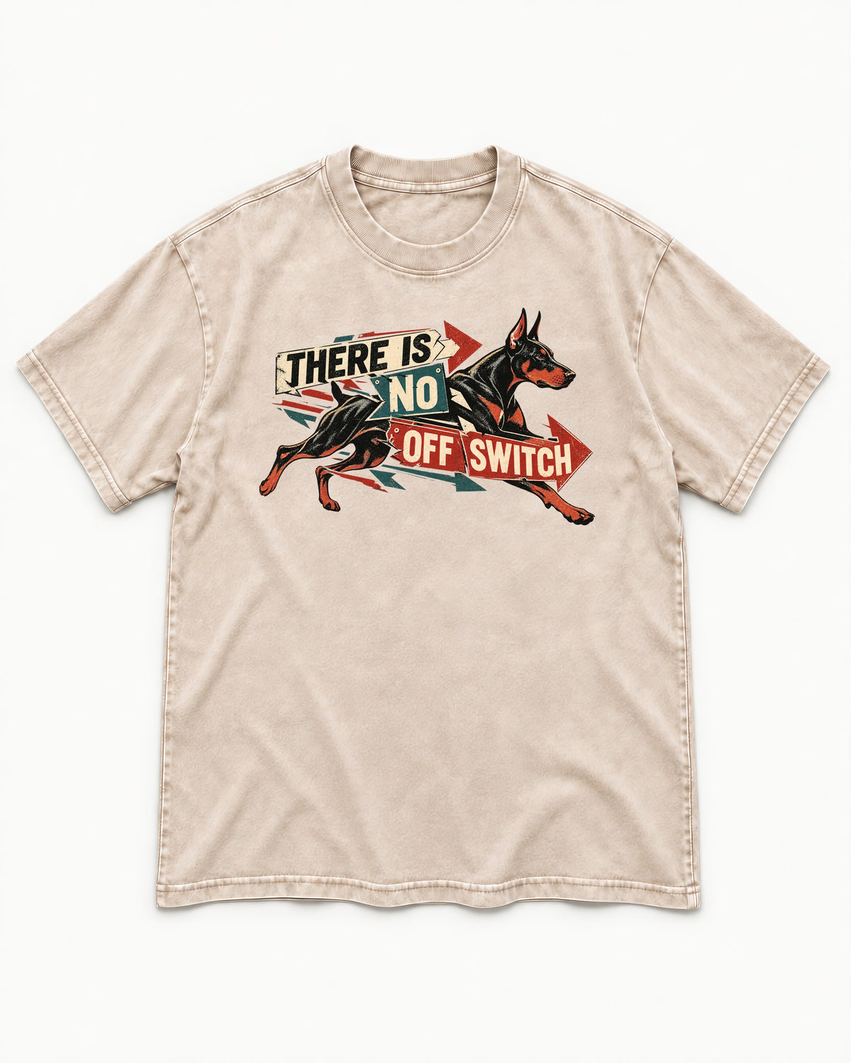 Doberman There Is No Off Switch Arrow Sprint Graphic Washed Tee in Apricot, flat lay product photo
