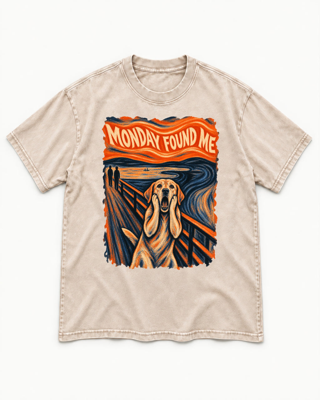 Labrador Retriever Monday Found Me Scream Parody Graphic Washed Tee in Apricot, flat lay product photo