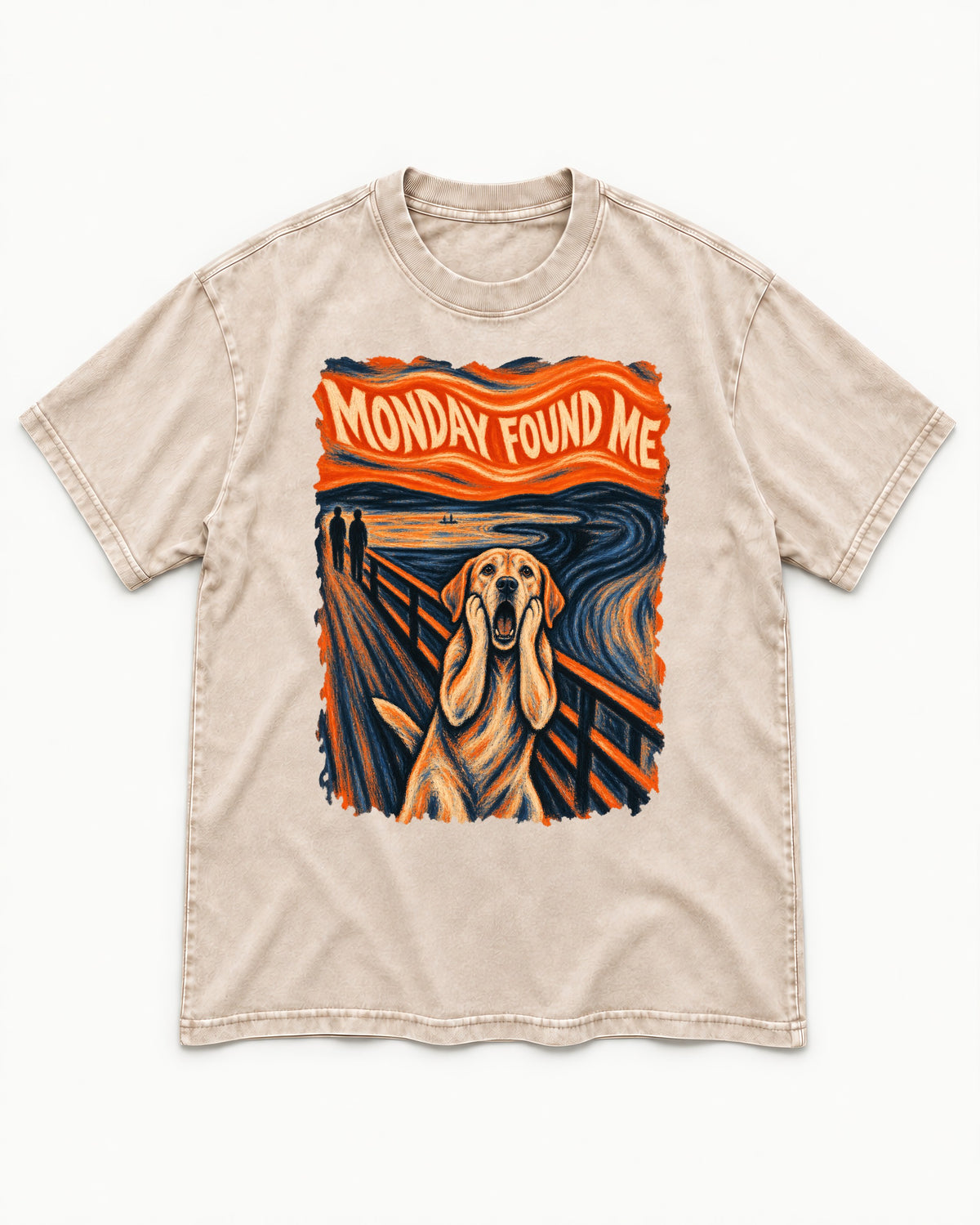 Labrador Retriever Monday Found Me Scream Parody Graphic Washed Tee in Apricot, flat lay product photo