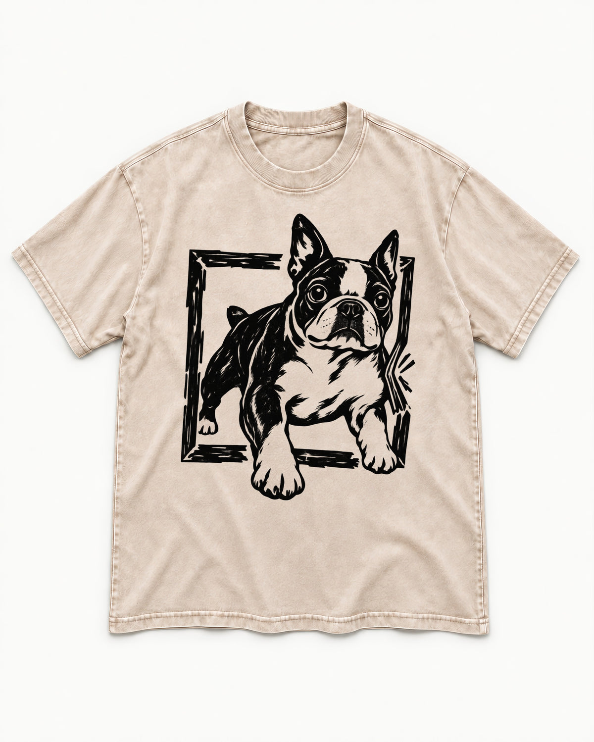 Boston Terrier Unstoppable Washed Tee in Apricot, flat lay product photo