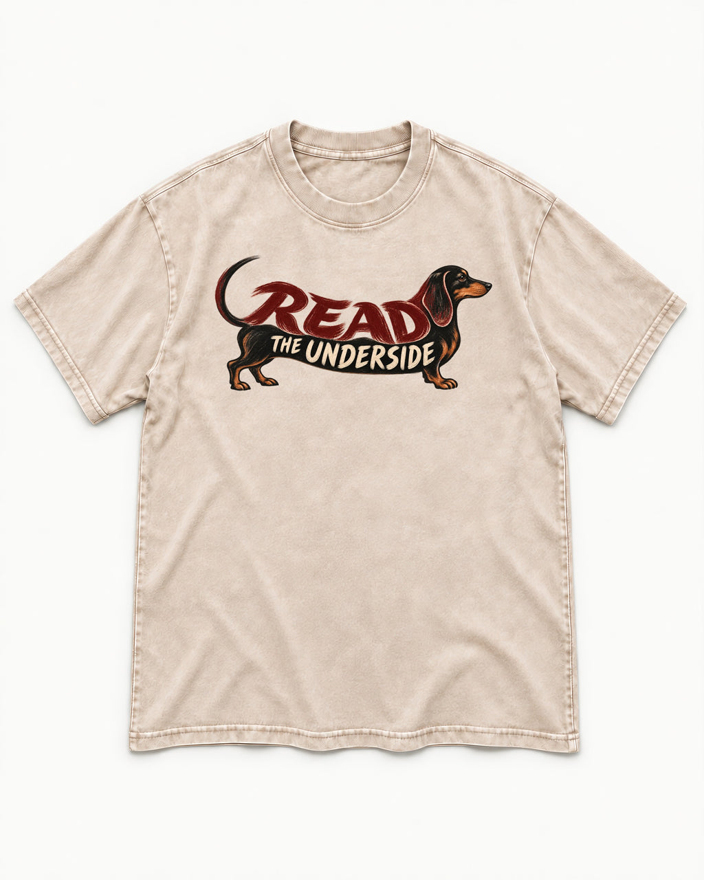 Dachshund Read The Underside Body Lettering Graphic Washed Tee in Apricot, flat lay product photo