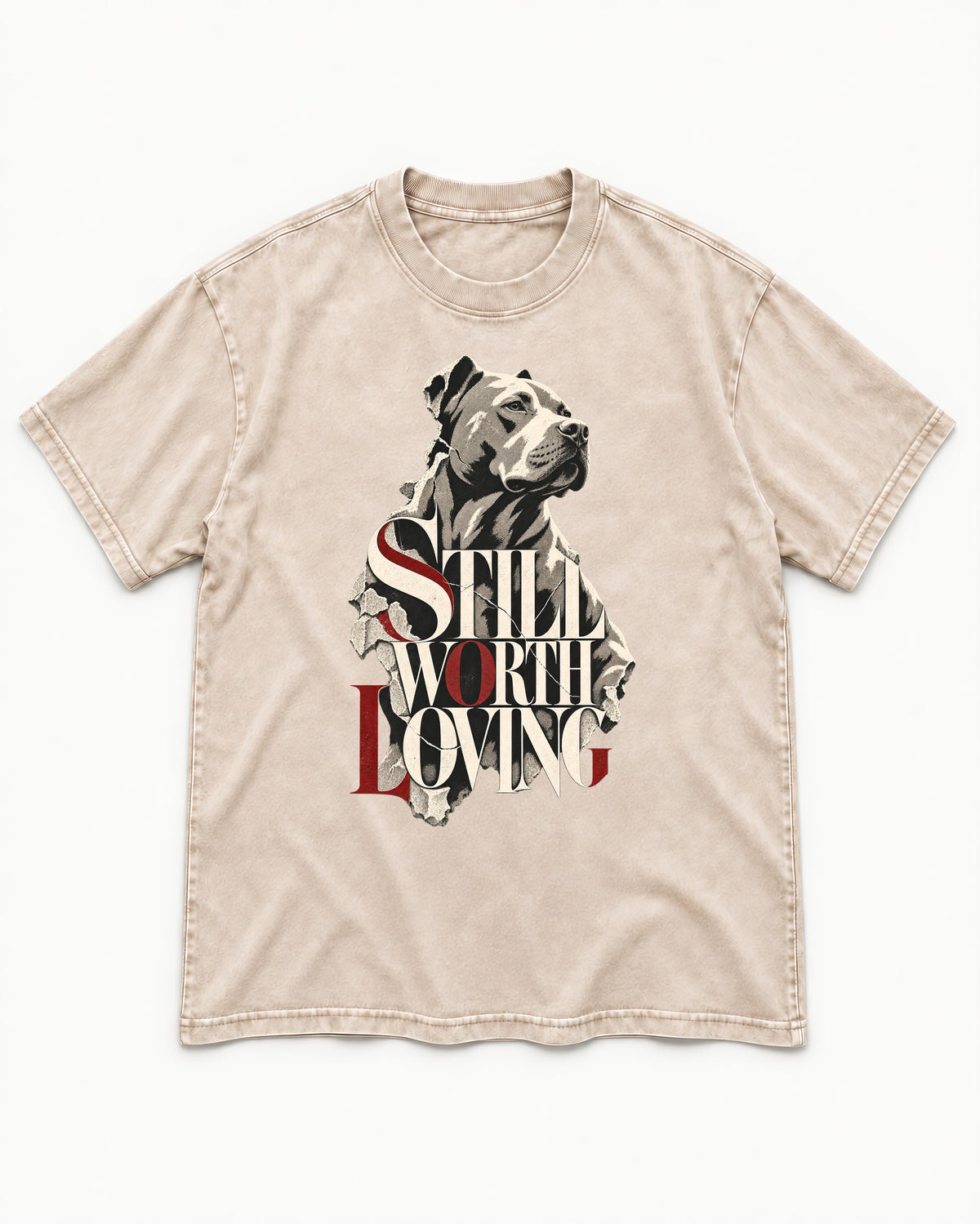 Pitbull Still Worth Loving Torn Poster Portrait Graphic Washed Tee in Apricot, flat lay product photo