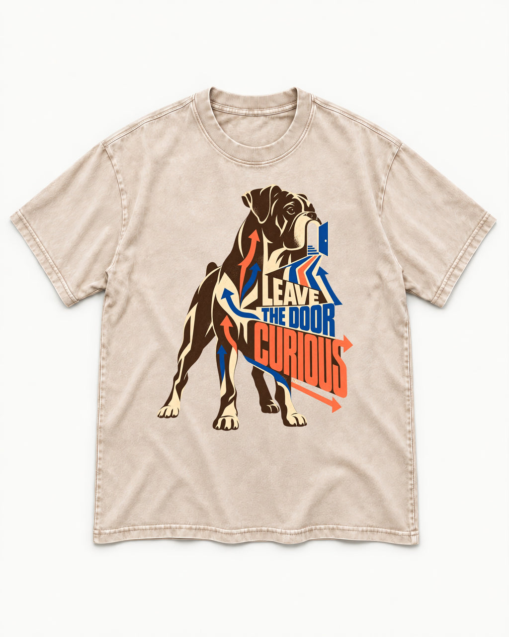 Leave the Door Curious Boxer Doorway Arrow Graphic Washed Tee in Apricot, flat lay product photo