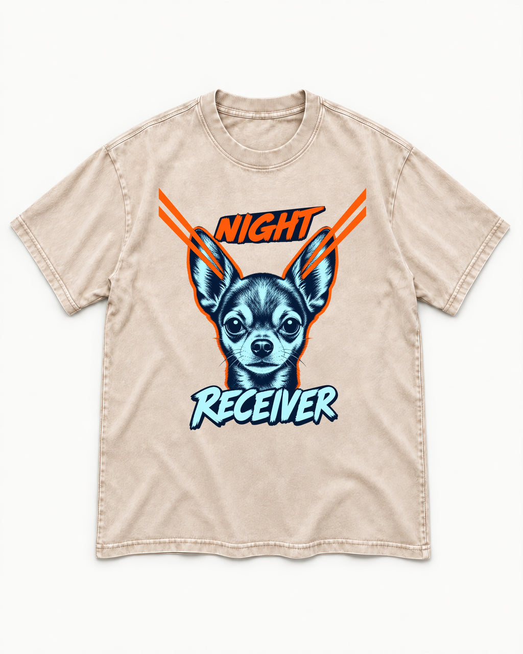 Chihuahua Night Receiver Signal Portrait Graphic Washed Tee in Apricot, flat lay product photo