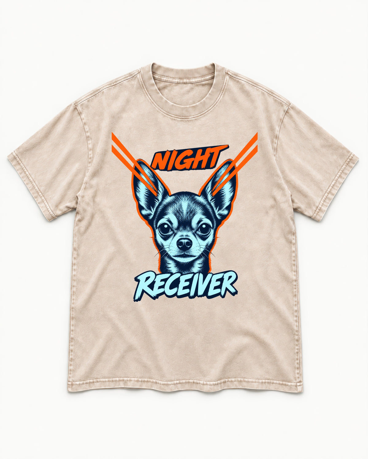 Chihuahua Night Receiver Signal Portrait Graphic Washed Tee in Apricot, flat lay product photo