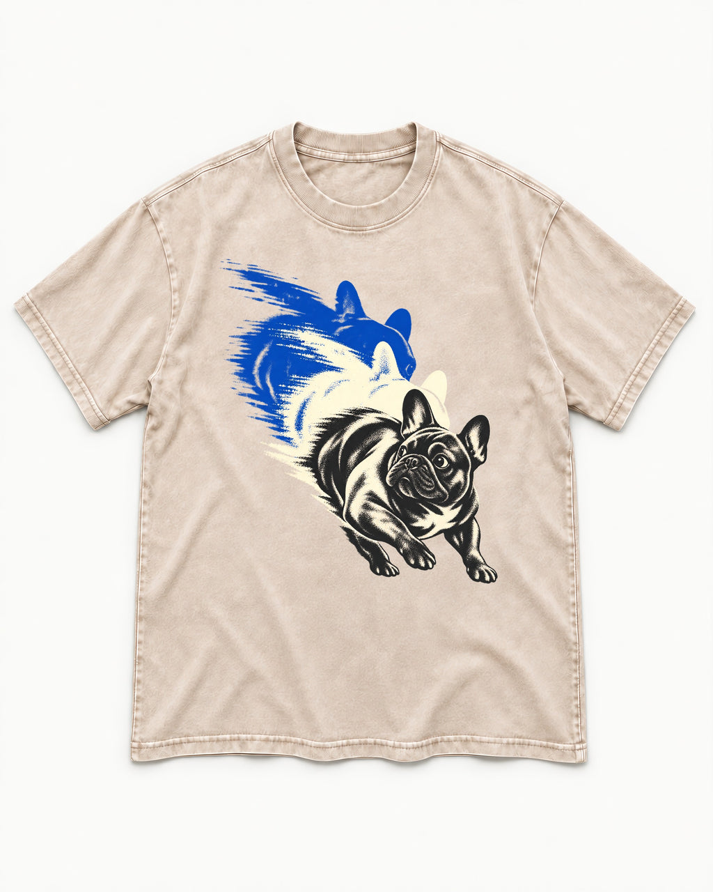 Frenchie Blue Brush Zoomie Graphic Washed Tee in Apricot, flat lay product photo