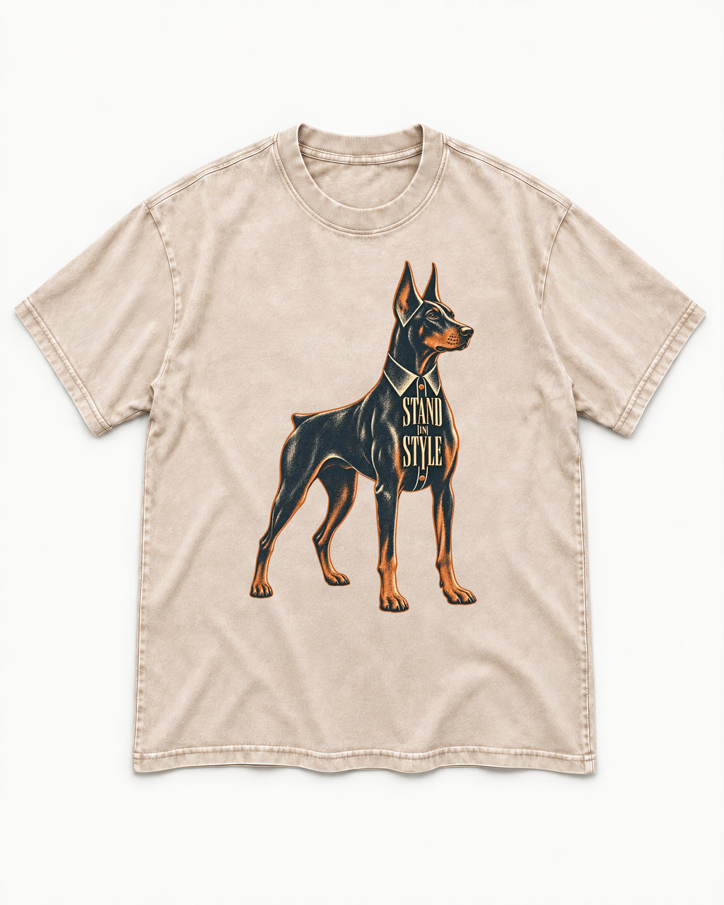 Doberman Stand in Style Suit Graphic Washed Tee in Apricot, flat lay product photo