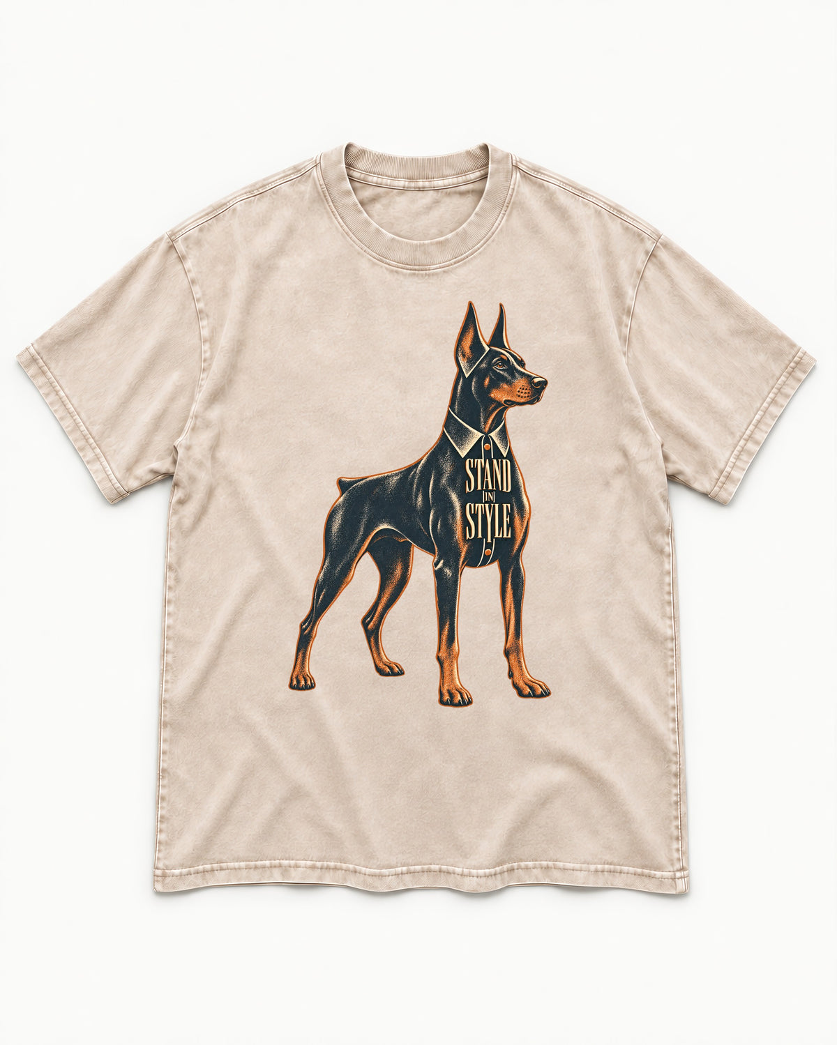 Doberman Stand in Style Suit Graphic Washed Tee in Apricot, flat lay product photo