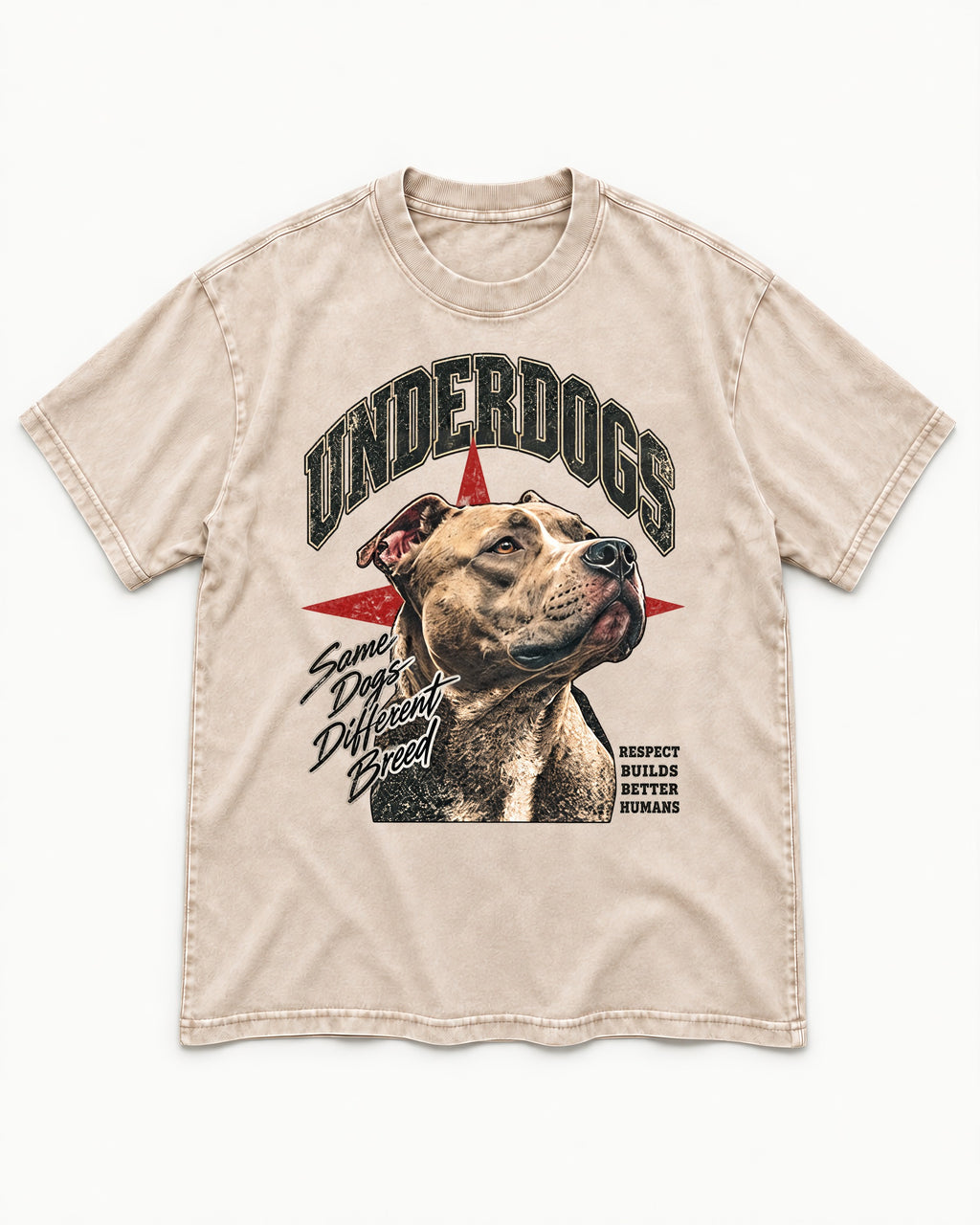 Pitbull Underdogs Same Dogs Different Breed Portrait Graphic Washed Tee in Apricot, flat lay product photo
