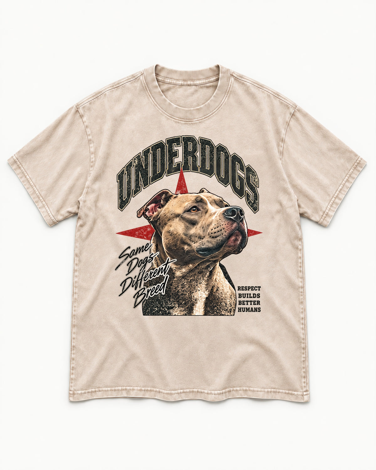 Pitbull Underdogs Same Dogs Different Breed Portrait Graphic Washed Tee in Apricot, flat lay product photo
