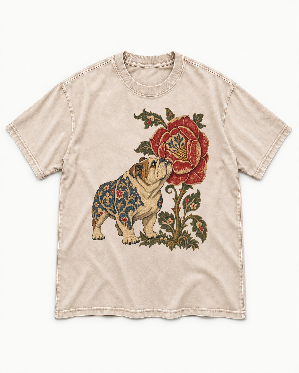 English Bulldog Tender Devotion Washed Tee in Apricot, flat lay product photo