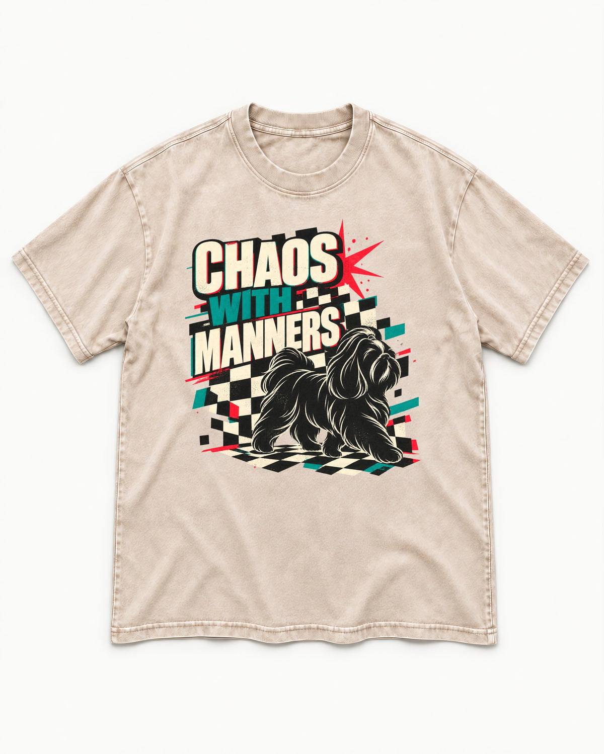 Shih Tzu Chaos with Manners Checkerboard Graphic Washed Tee in Apricot, flat lay product photo
