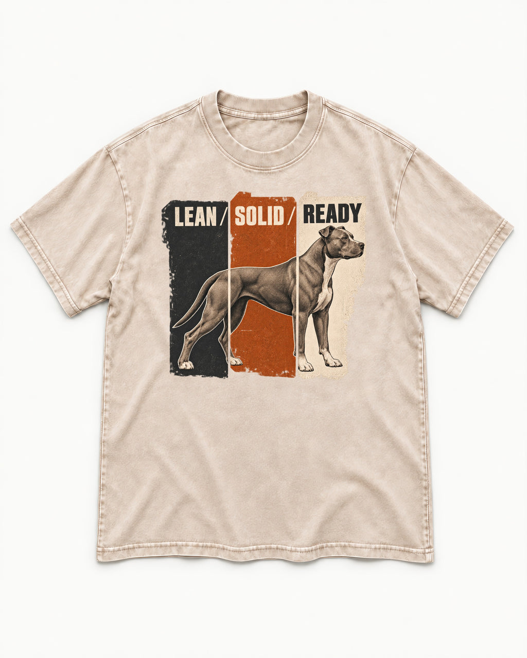 Pitbull Lean Solid Ready Triptych Graphic Washed Tee in Apricot, flat lay product photo