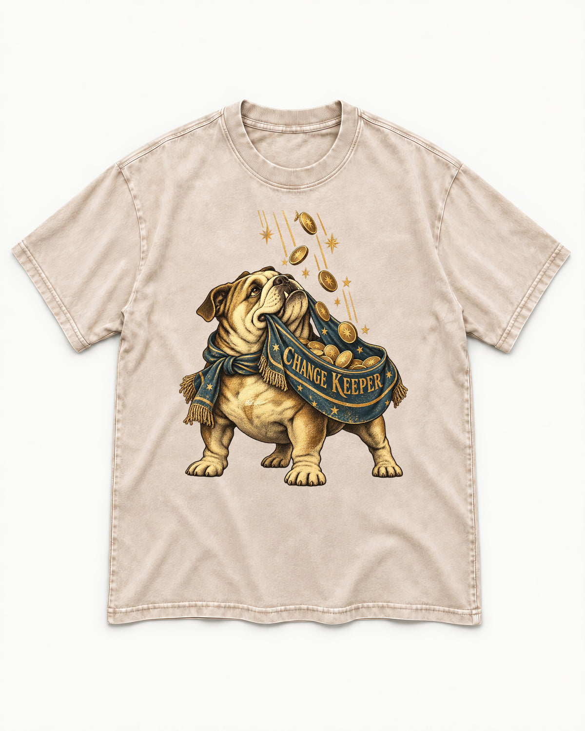 English Bulldog Change Keeper Coin Scarf Graphic Washed Tee in Apricot, flat lay product photo