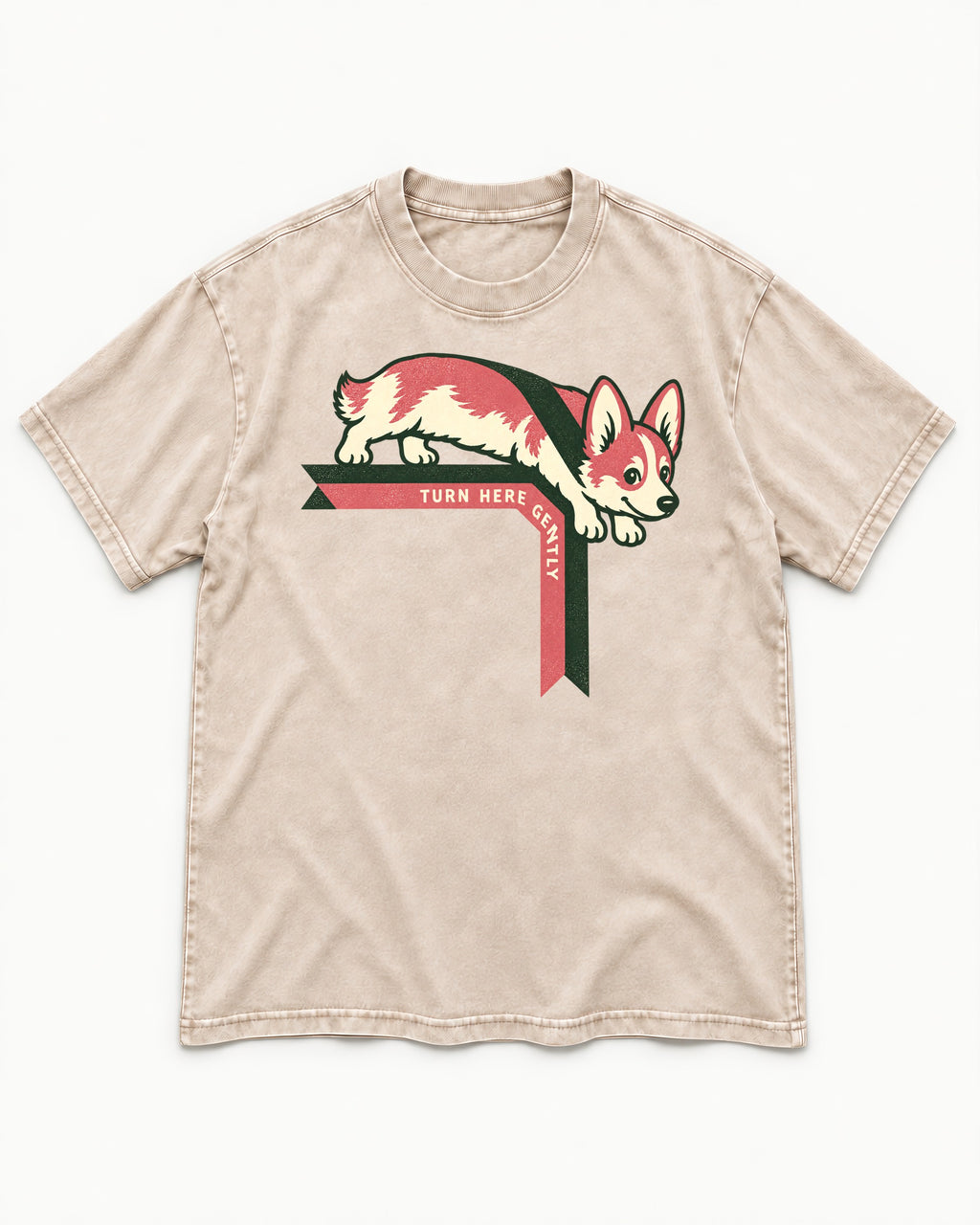 Corgi Turn Here Gently Washed Tee in Apricot, flat lay product photo