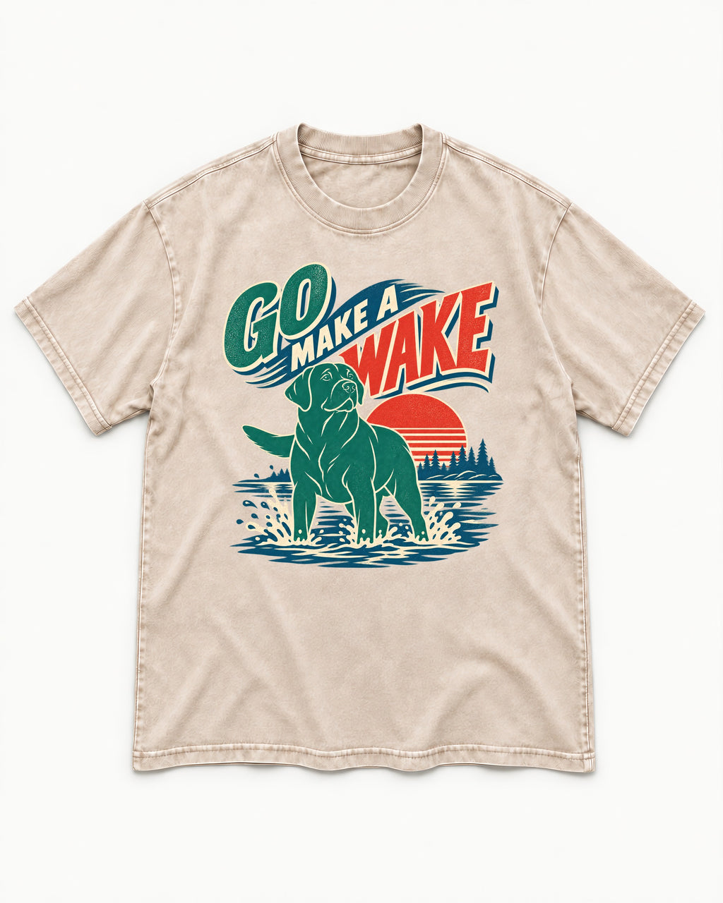 Labrador Retriever Go Make a Wake Lake Graphic Washed Tee in Apricot, flat lay product photo