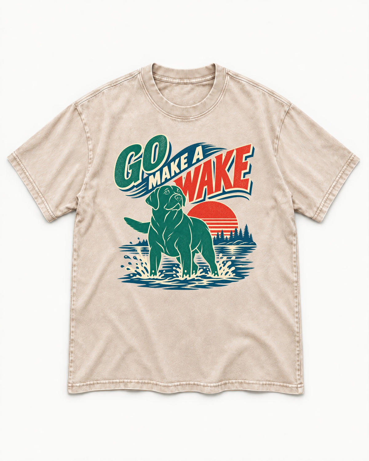 Labrador Retriever Go Make a Wake Lake Graphic Washed Tee in Apricot, flat lay product photo