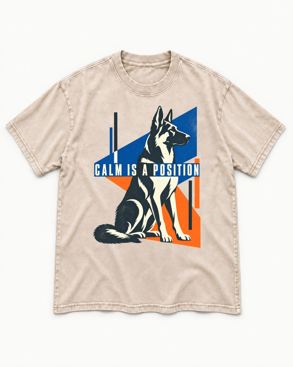 Calm Is A Position Geometric German Shepherd Dog Graphic Washed Tee in Apricot, flat lay product photo