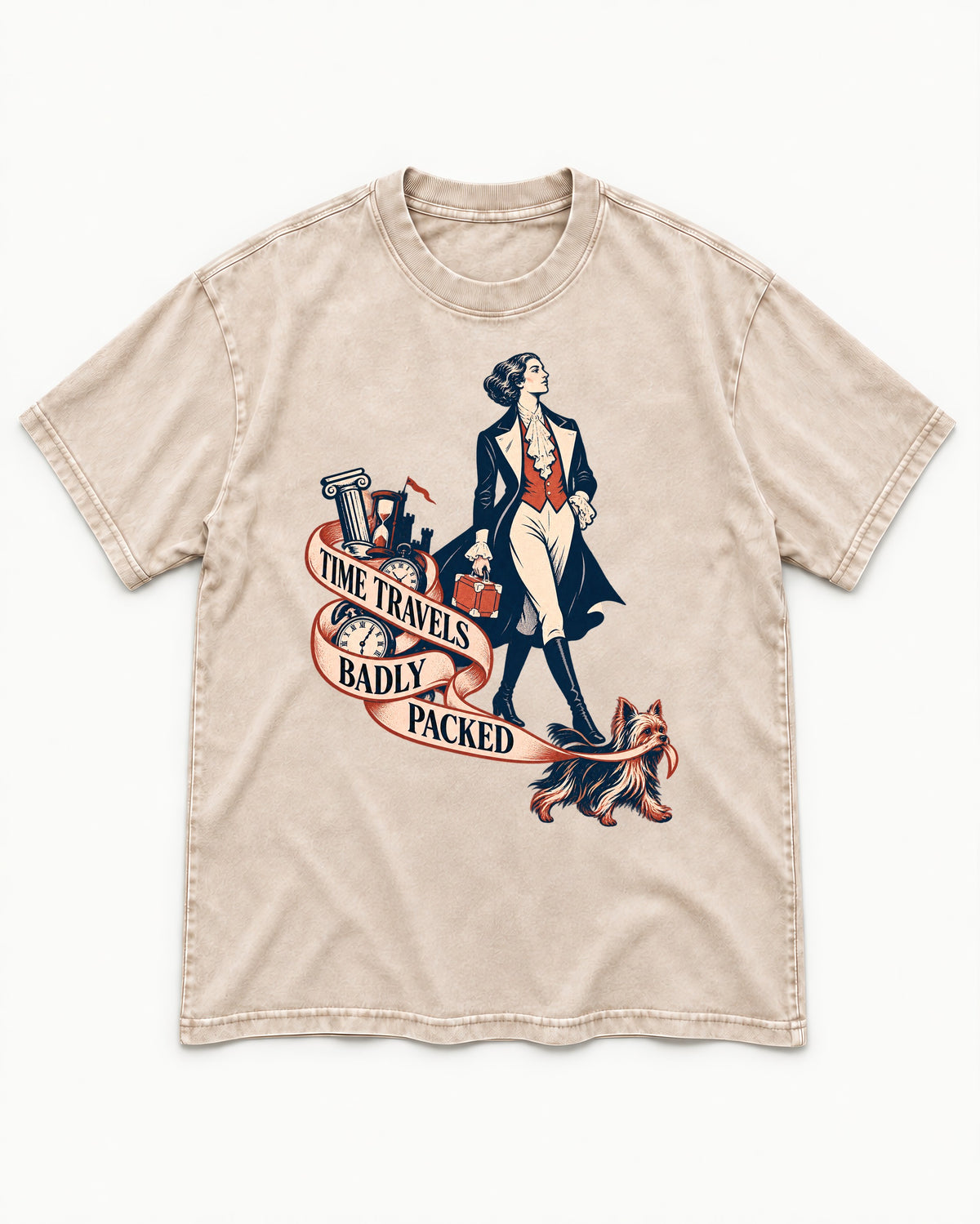 Time Travels Badly Packed Yorkshire Terrier Washed Tee in Apricot, flat lay product photo