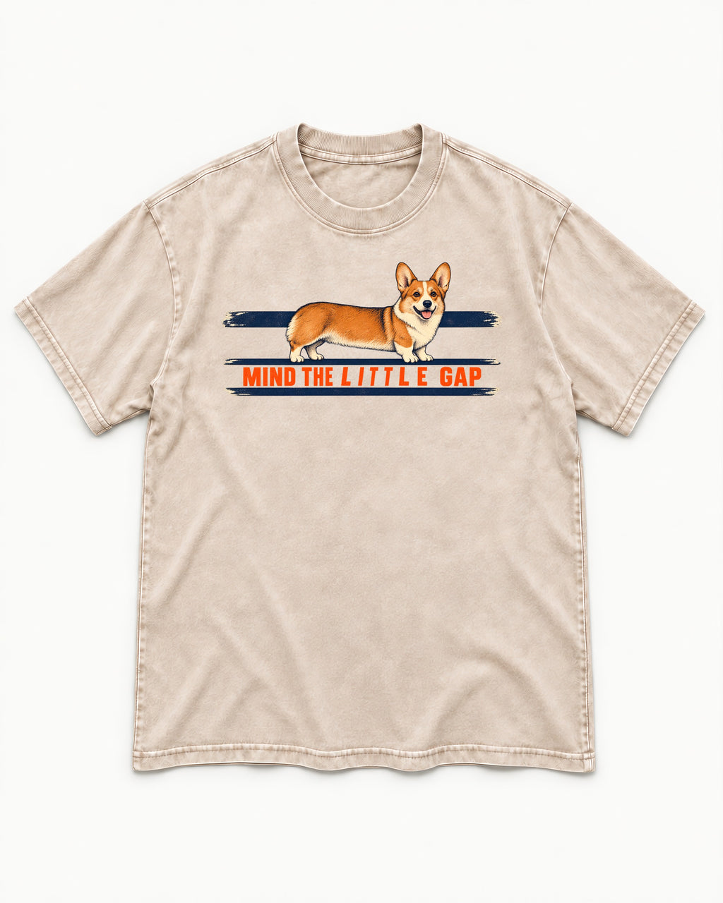 Mind the Little Corgi Gap Washed Tee in Apricot, flat lay product photo