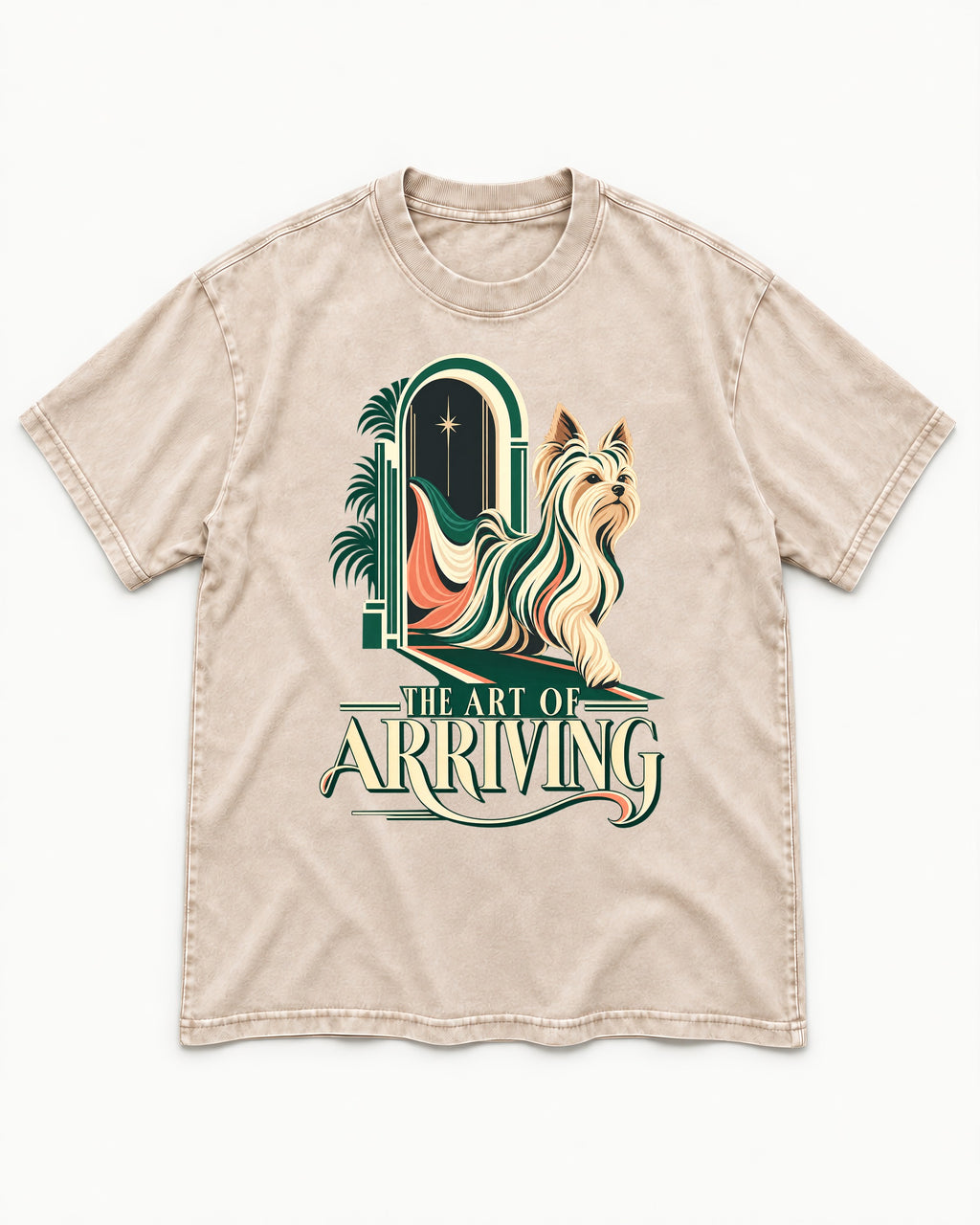 Yorkshire Terrier Arriving Washed Tee in Apricot, flat lay product photo