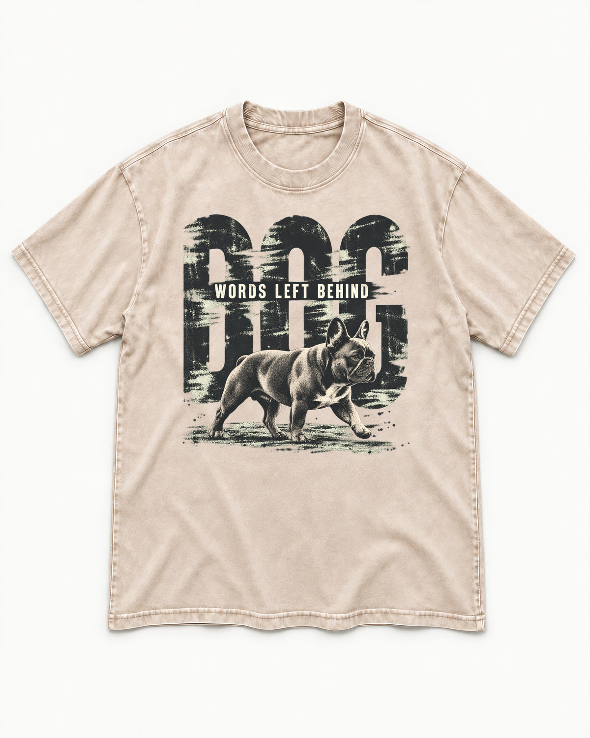 Frenchie Words Left Behind Dog Echo Graphic Washed Tee in Apricot, flat lay product photo