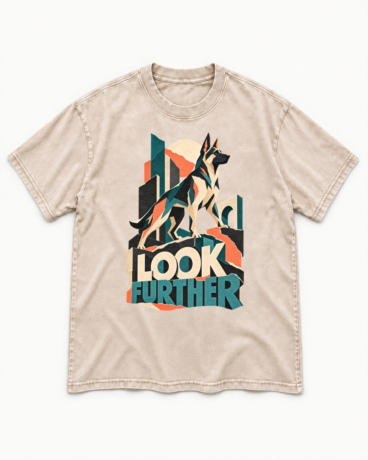 Look Further German Shepherd Dog Washed Tee in Apricot, flat lay product photo