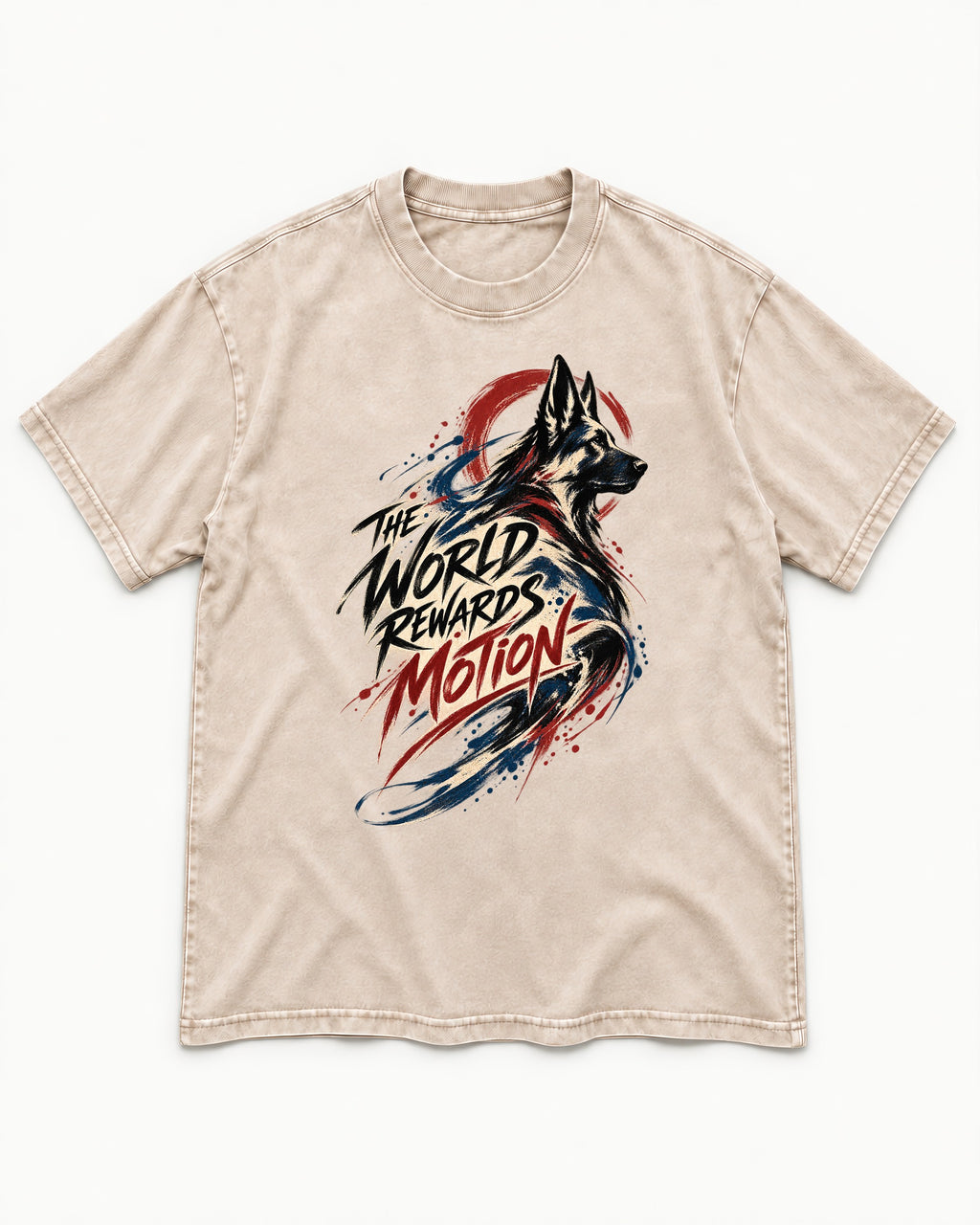 German Shepherd Dog The World Rewards Motion Washed Tee in Apricot, flat lay product photo