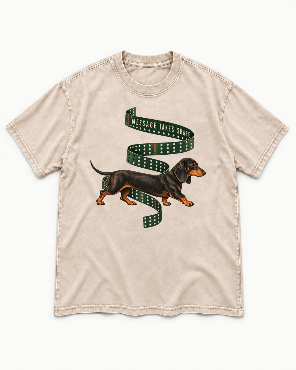 Dachshund Message Takes Shape Washed Tee in Apricot, flat lay product photo