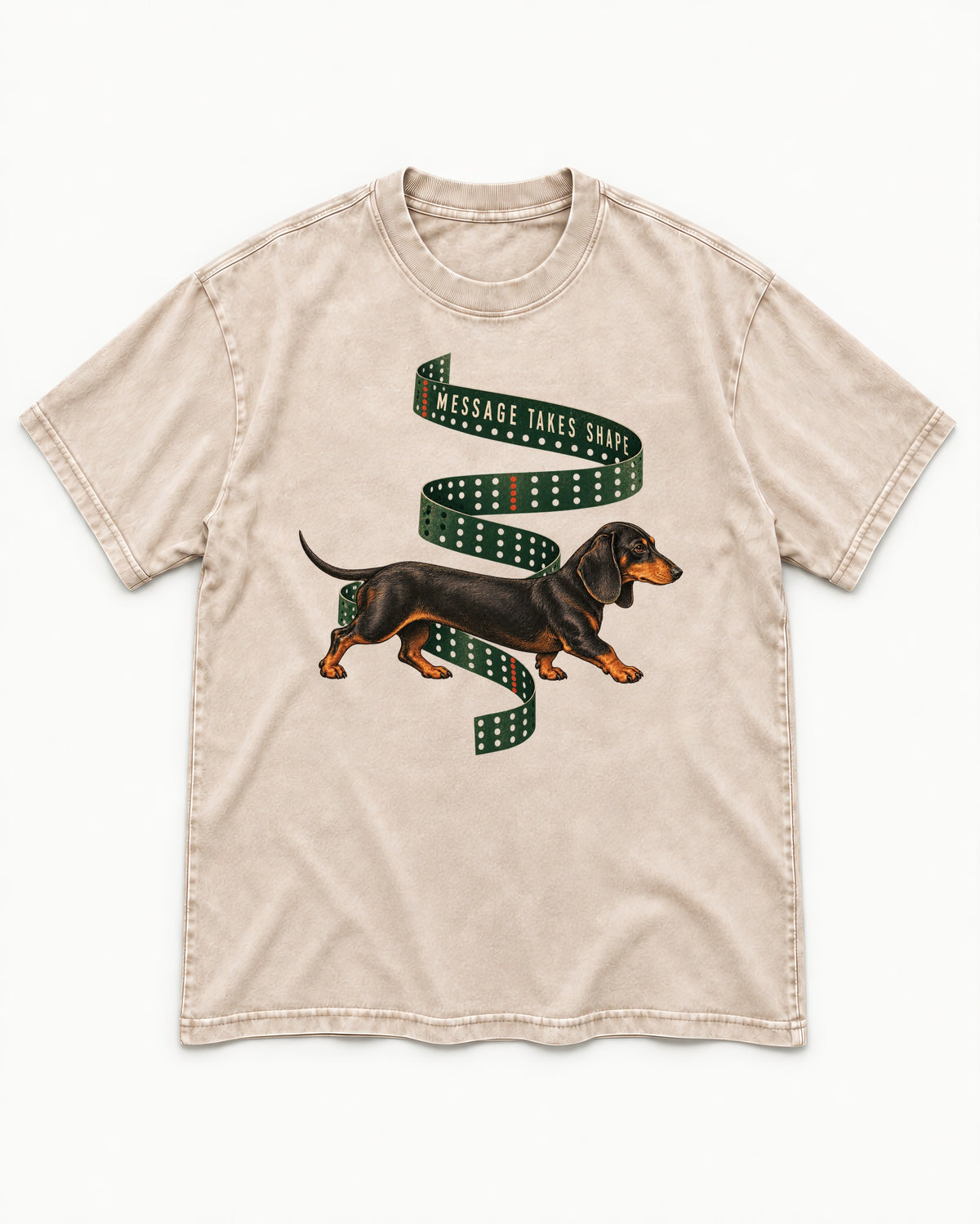 Dachshund Message Takes Shape Washed Tee in Apricot, flat lay product photo