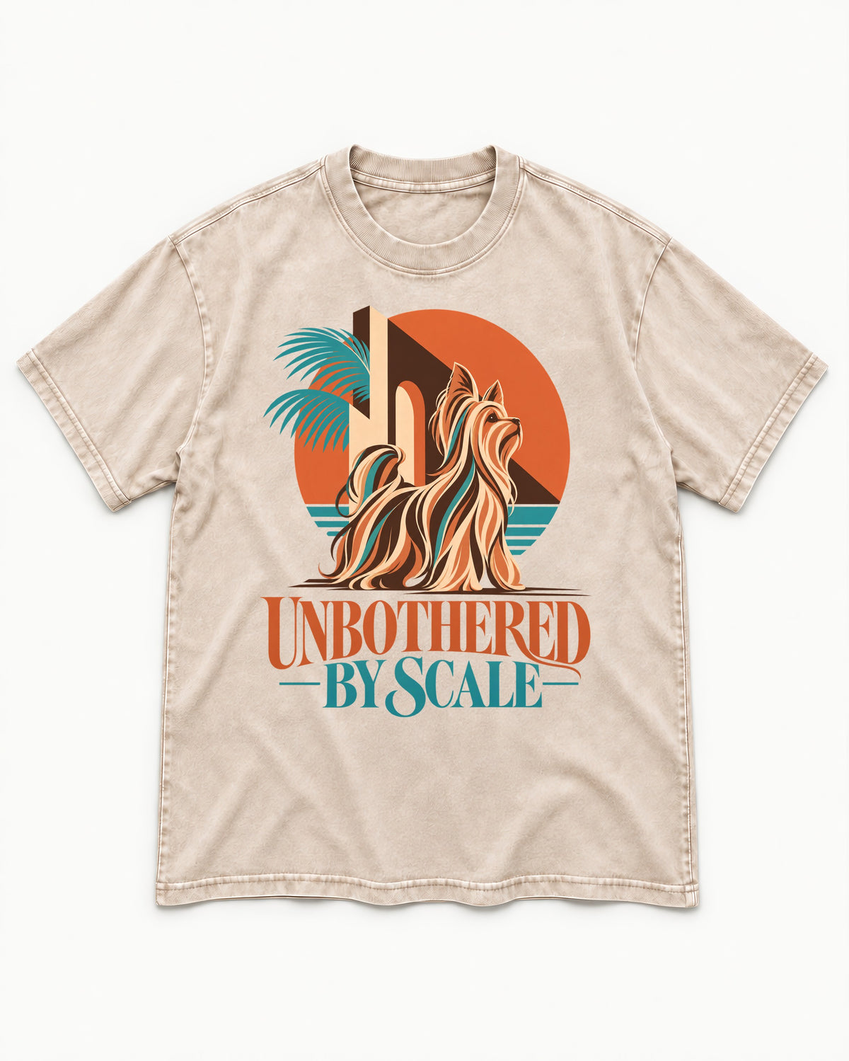 Yorkshire Terrier Unbothered by Scale Tropical Architecture Graphic Washed Tee in Apricot, flat lay product photo