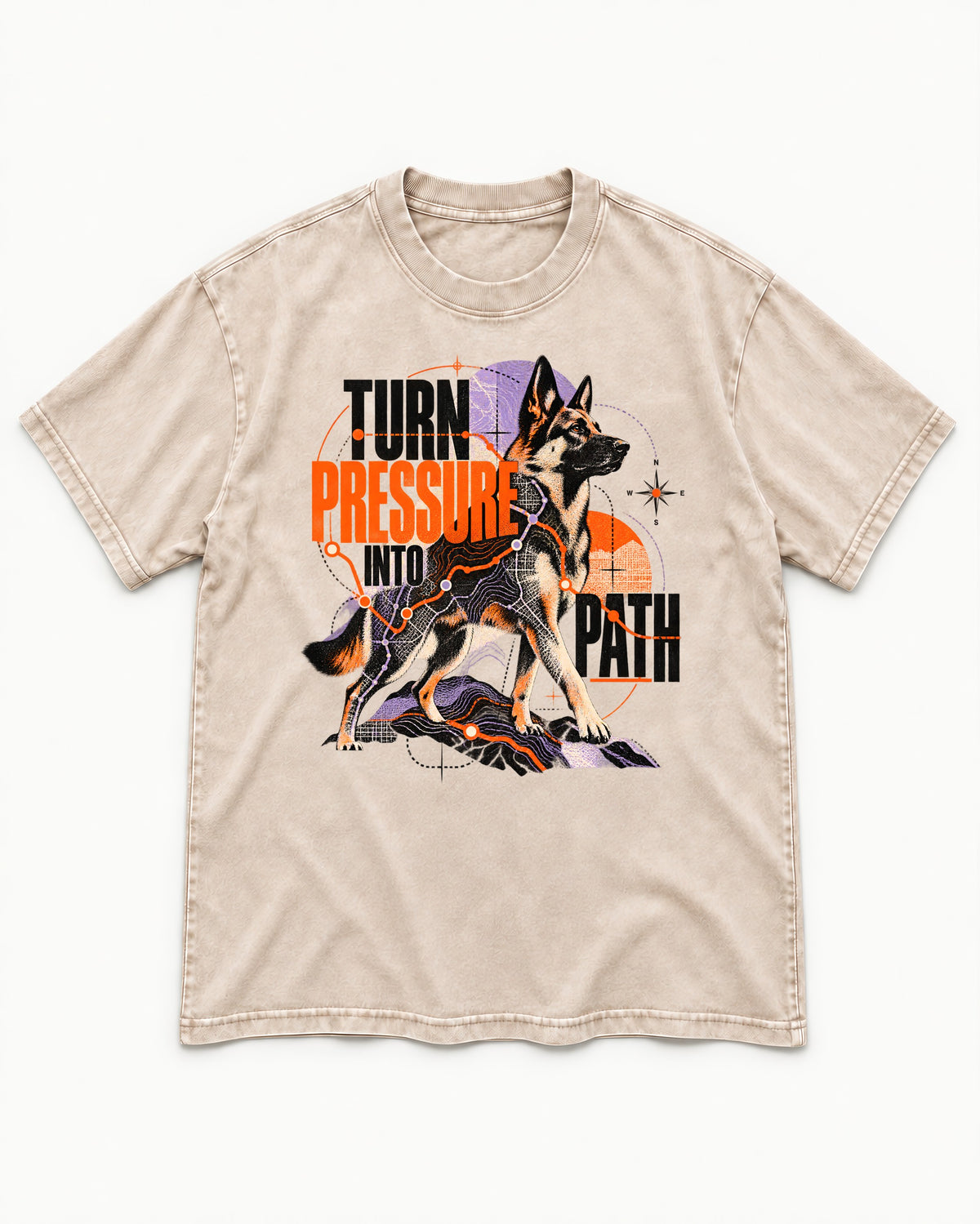 Turn Pressure Into Path German Shepherd Dog Washed Tee in Apricot, flat lay product photo