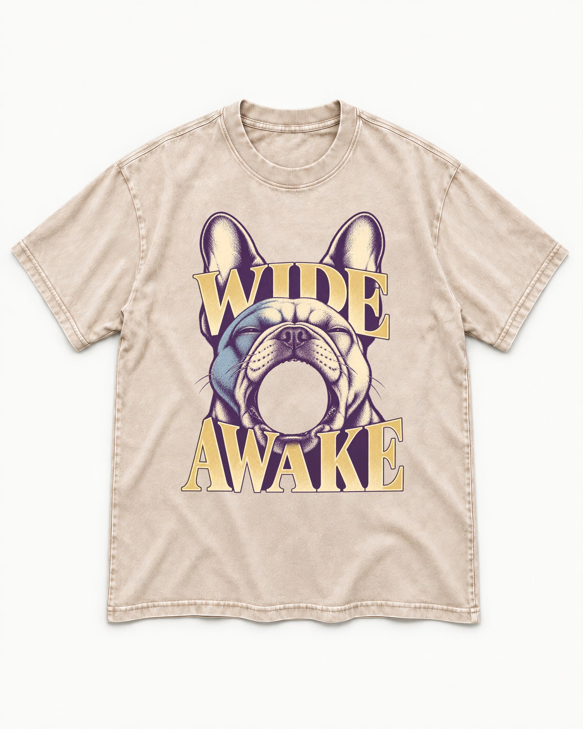 Frenchie Wide Awake Yawn Graphic Washed Tee in Apricot, flat lay product photo