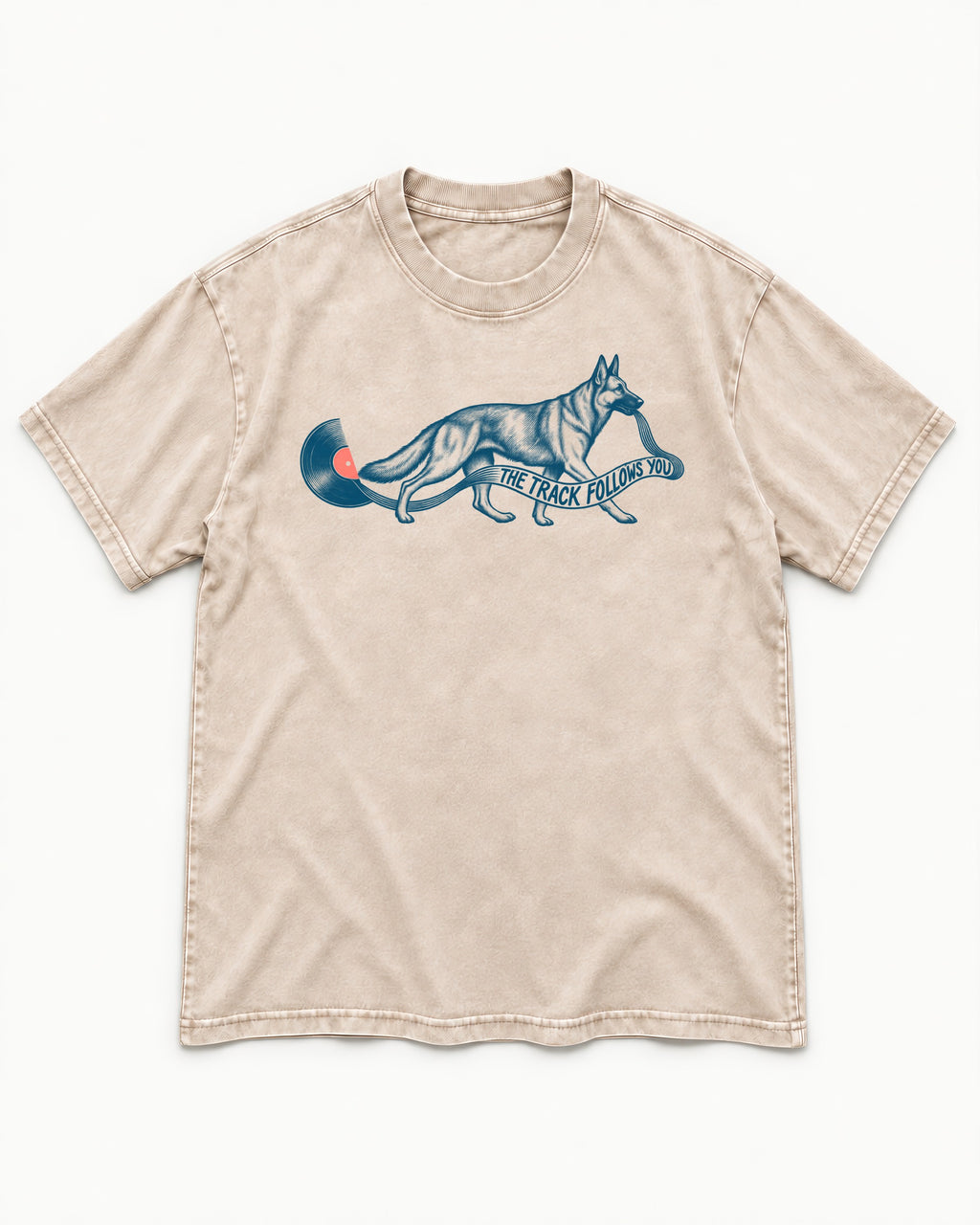 German Shepherd Dog The Track Follows You Washed Tee in Apricot, flat lay product photo