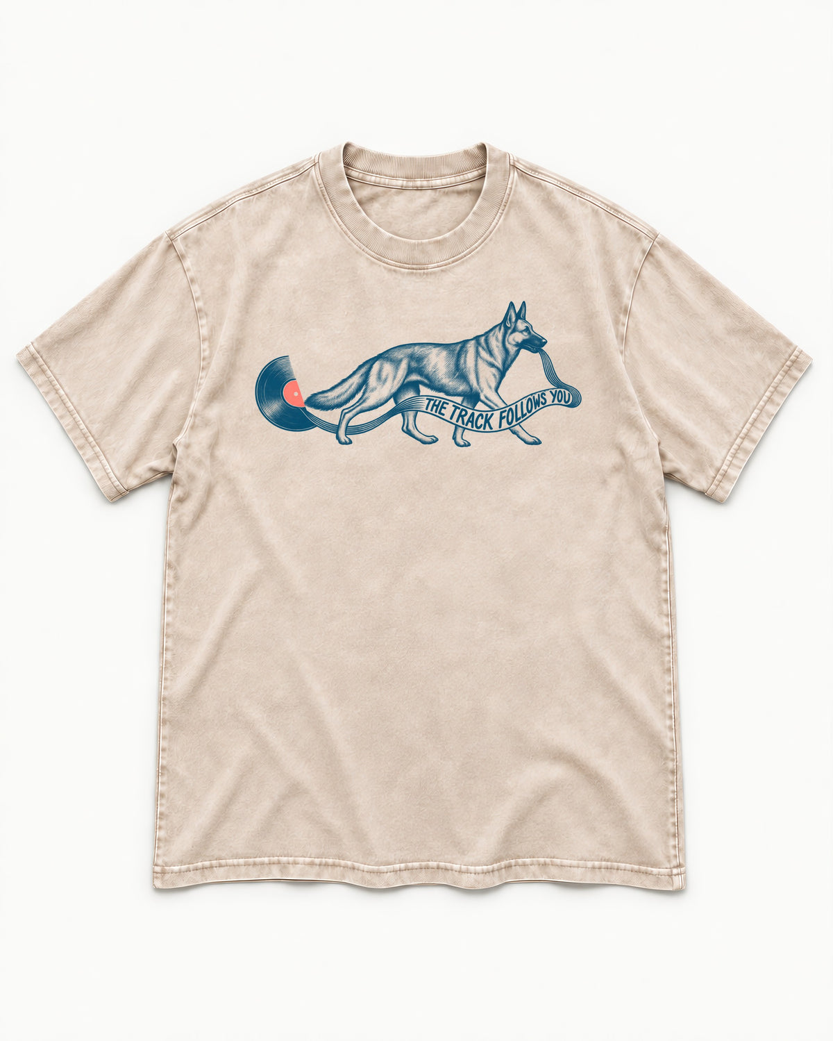 German Shepherd Dog The Track Follows You Washed Tee in Apricot, flat lay product photo