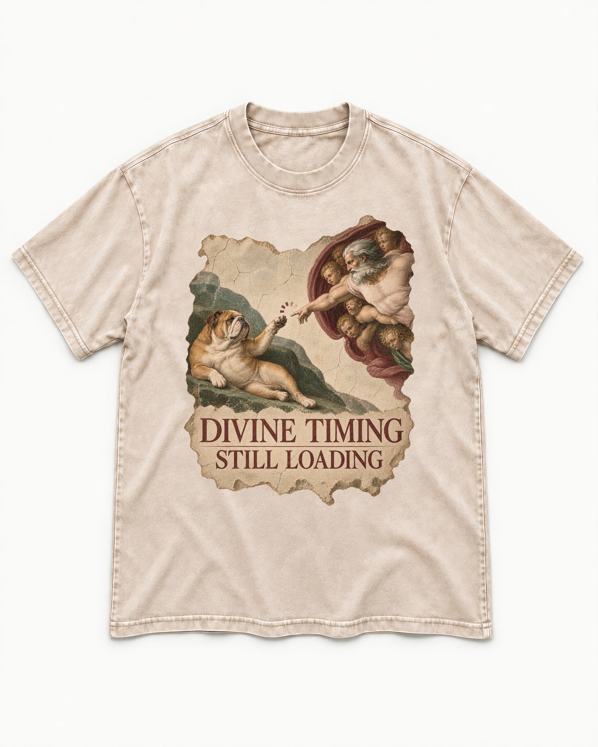 English Bulldog Divine Timing Still Loading Washed Tee in Apricot, flat lay product photo