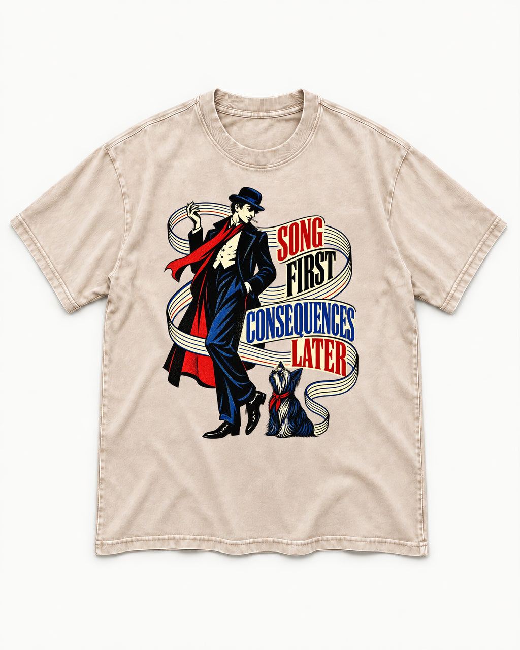 Yorkshire Terrier Song First Consequences Later Washed Tee in Apricot, flat lay product photo