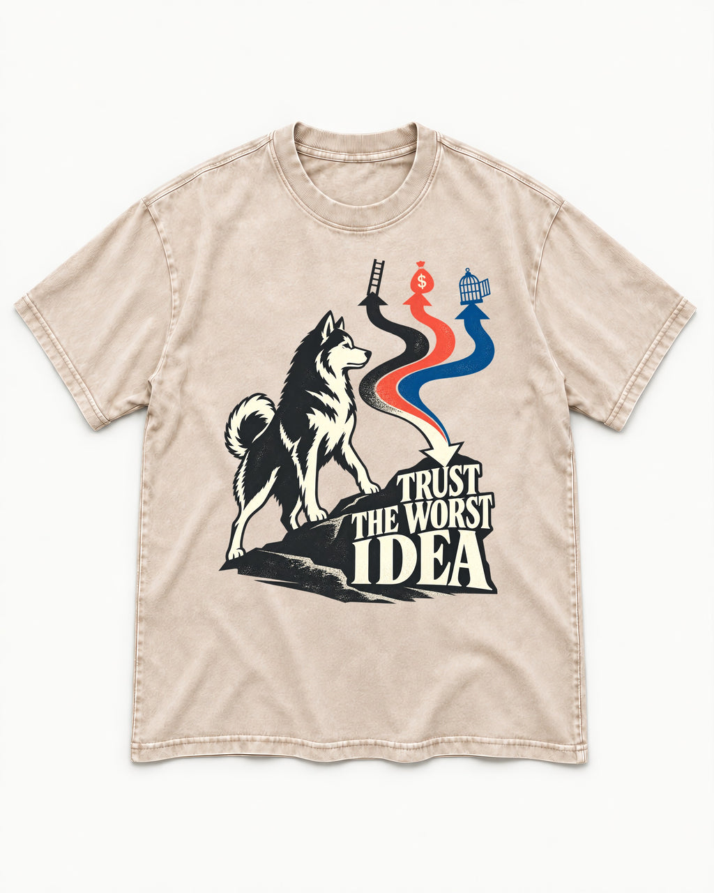 Trust the Worst Husky Idea Washed Tee in Apricot, flat lay product photo