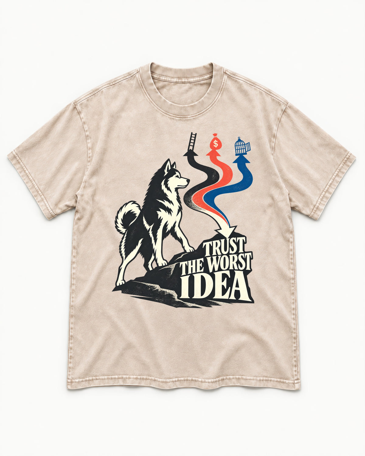 Trust the Worst Husky Idea Washed Tee in Apricot, flat lay product photo