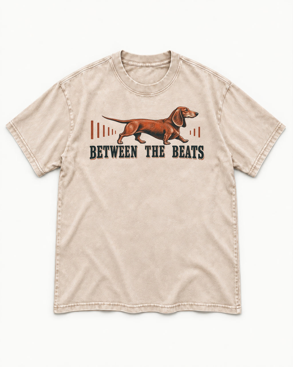 Dachshund Between the Beats Washed Tee in Apricot, flat lay product photo