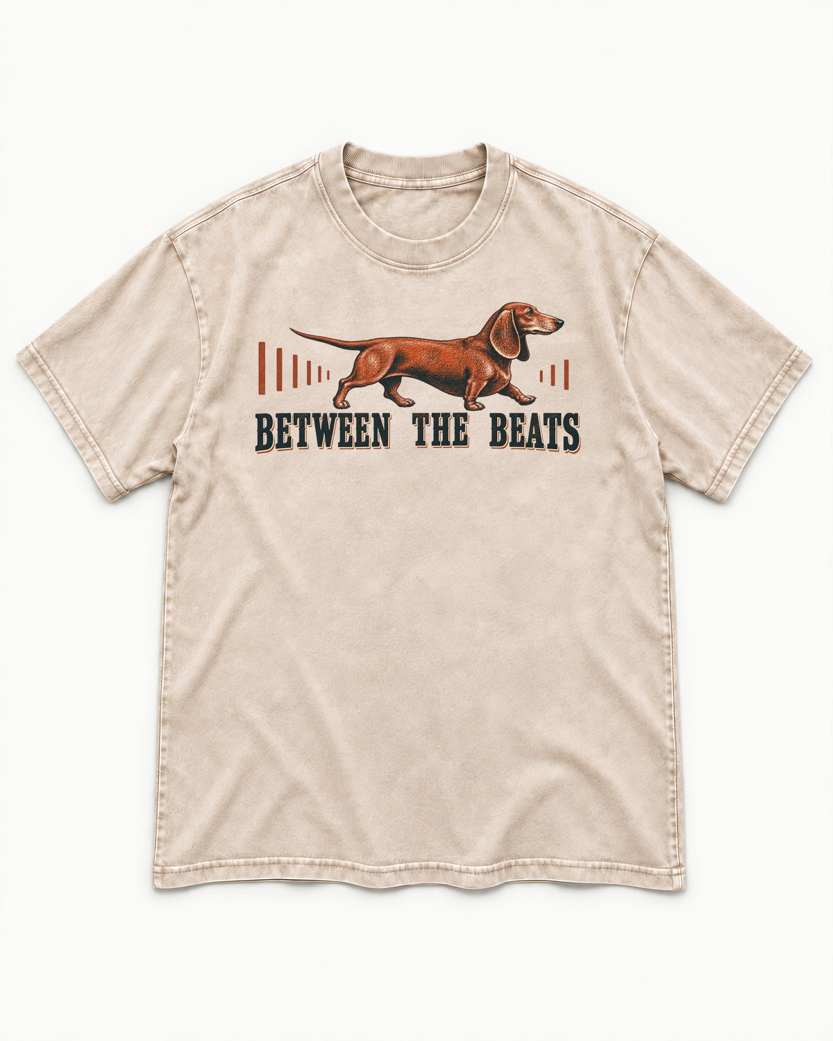Dachshund Between the Beats Washed Tee in Apricot, flat lay product photo