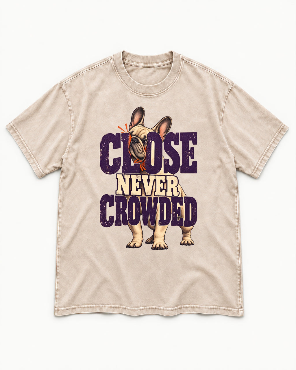 Frenchie Close Never Crowded Peekaboo Type Graphic Washed Tee in Apricot, flat lay product photo