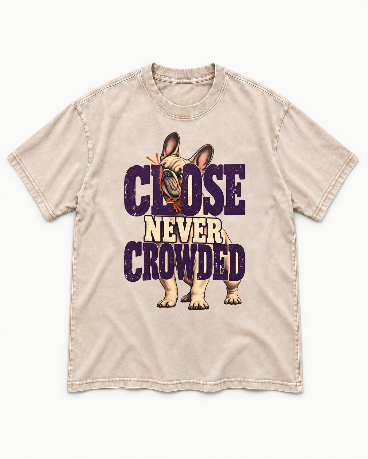 Frenchie Close Never Crowded Peekaboo Type Graphic Washed Tee in Apricot, flat lay product photo