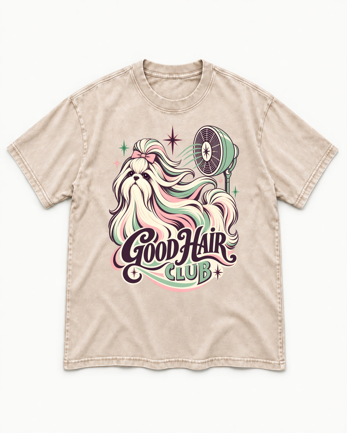 Shih Tzu Good Hair Club Salon Fan Graphic Washed Tee in Apricot, flat lay product photo