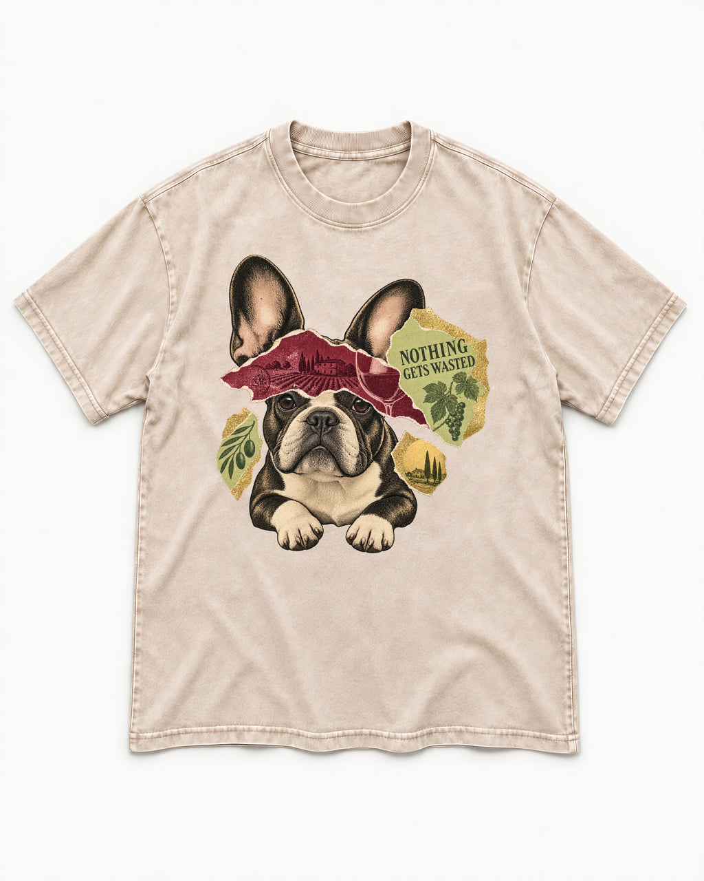Nothing Gets Wasted with Frenchie Washed Tee in Apricot, flat lay product photo