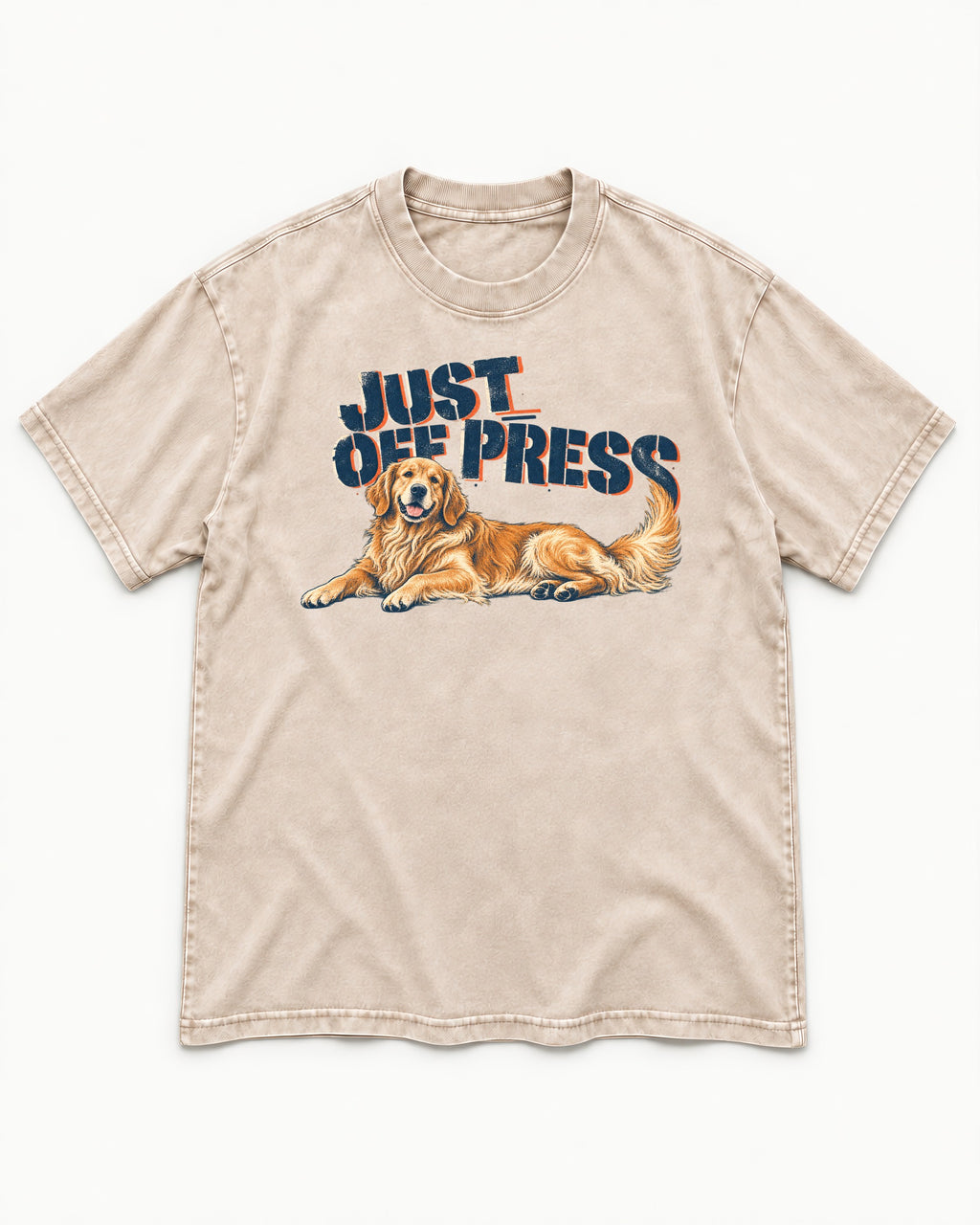 Golden Retriever Just Off Press Washed Tee in Apricot, flat lay product photo