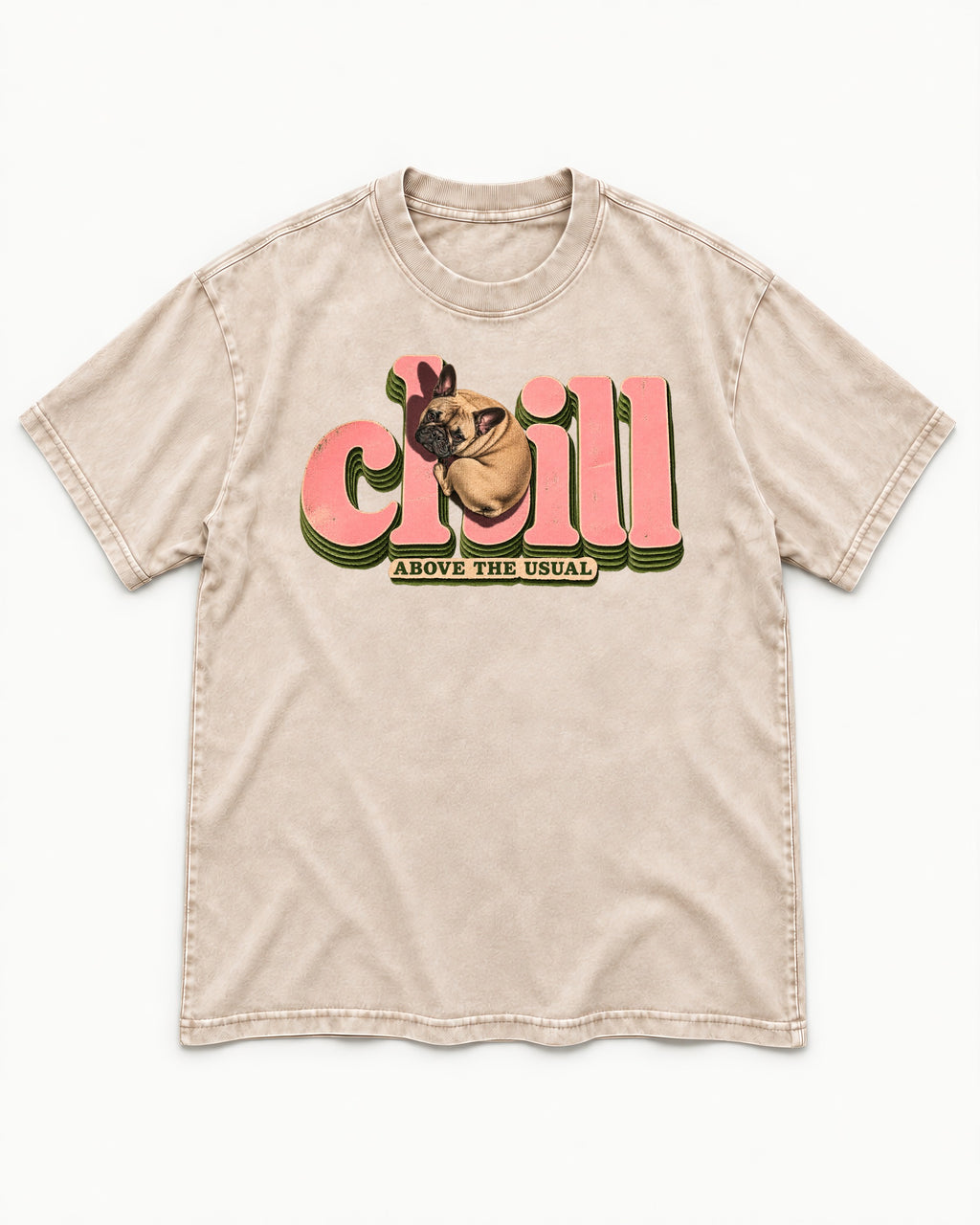 Frenchie Chill Washed Tee in Apricot, flat lay product photo