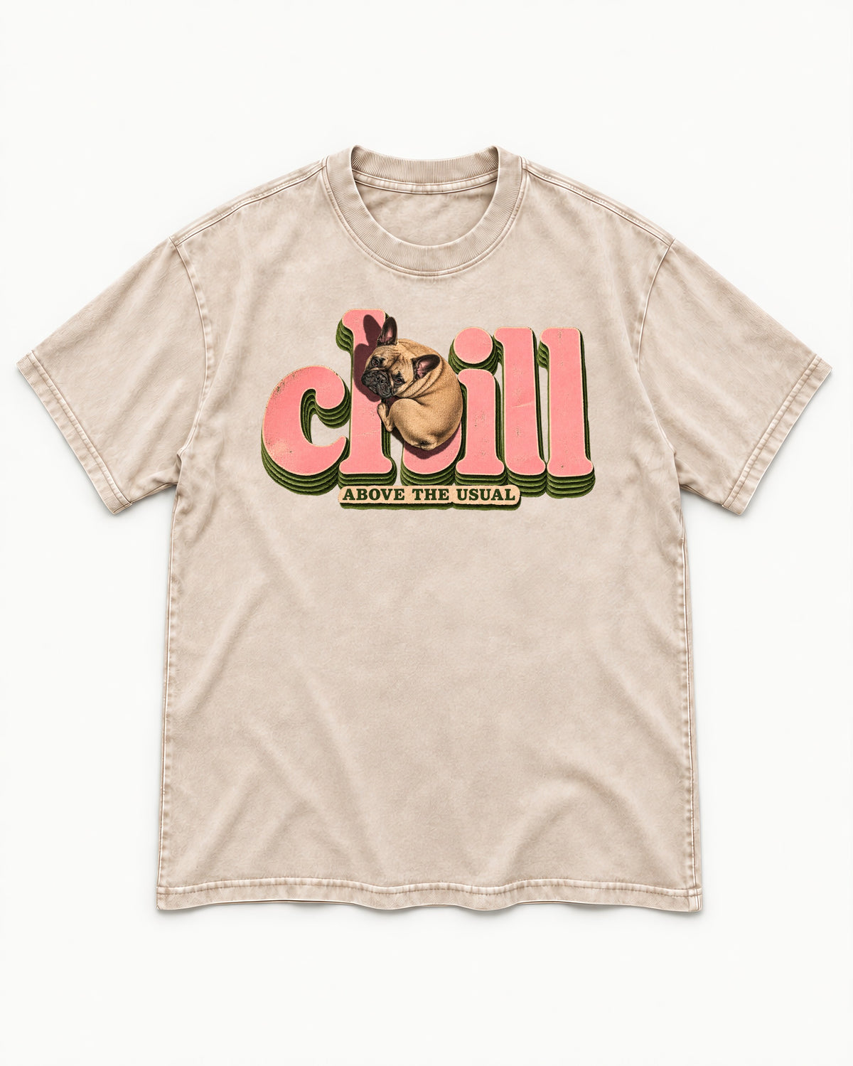 Frenchie Chill Washed Tee in Apricot, flat lay product photo